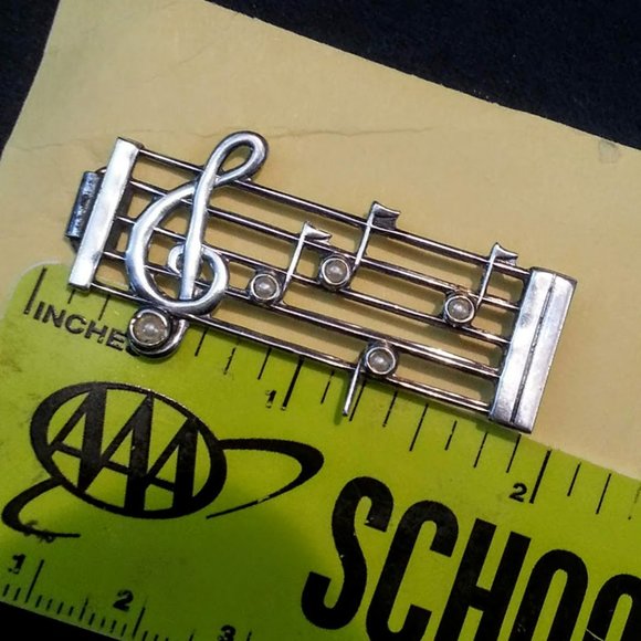 Antique Sterling Pearl Music Notes Treble Clef Barrette 2\